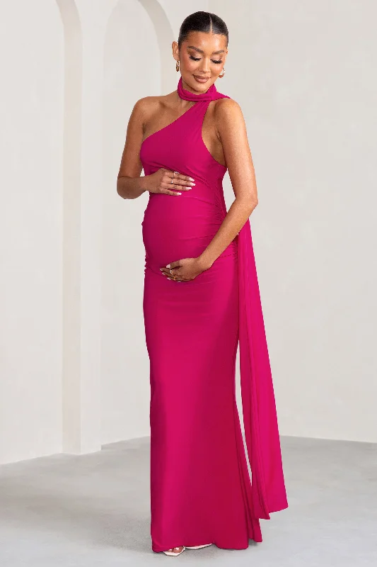 Alula | Hot Pink Maternity Asymmetric Maxi Dress with Cape Detailing