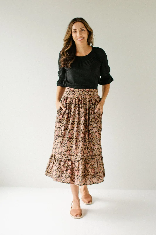 'Maya' Fair Trade Cotton Multi Print Midi Skirt in Black