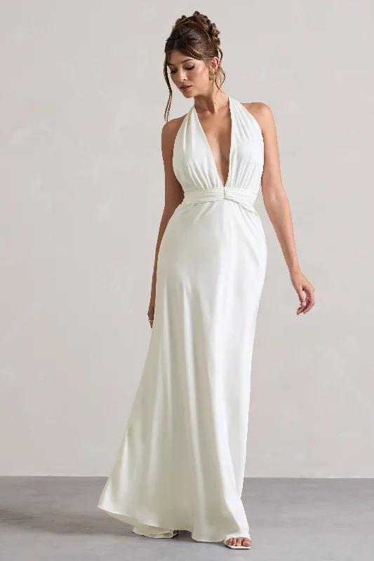 Carolyn | Ivory Satin Plunge Maxi Dress With Dipped Hem