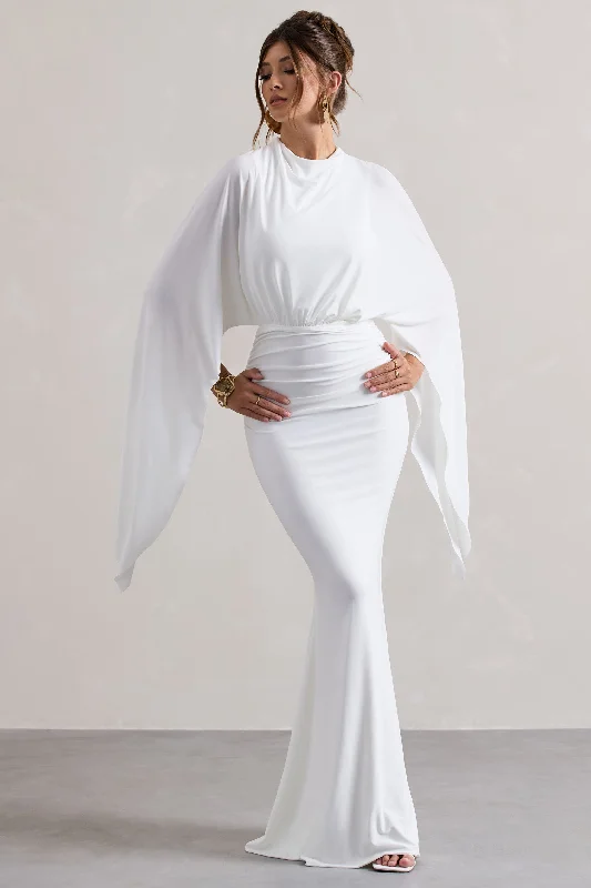 Shea | White High-Neck Cape Sleeve Maxi Dress