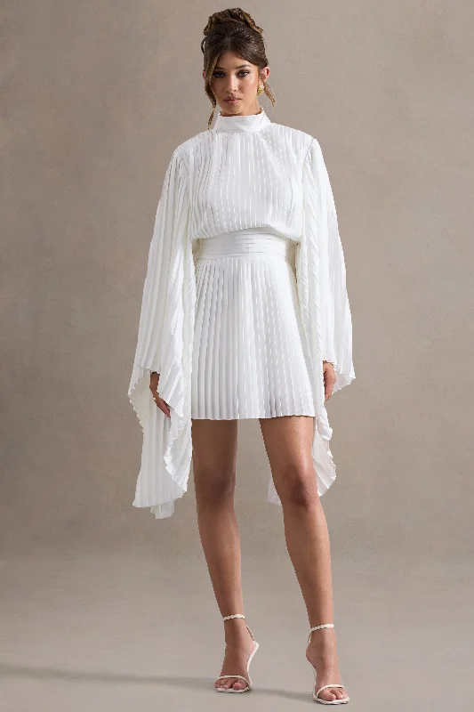 Charity | White Pleated High-Neck Mini Dress With Cape Sleeves