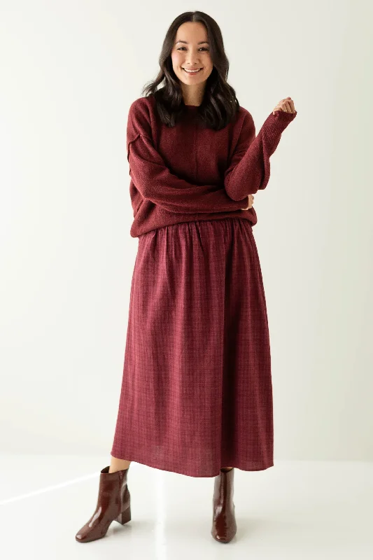 'Dorothy' Monochrome Plaid Midi Skirt in Wine