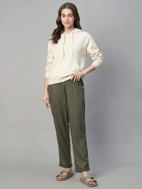 Women's Olive Linen Viscose Regular Fit Pant