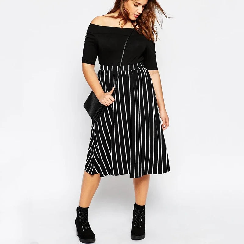 Women's High Waist 8XL Fashion Designer Stripped Midi Skirts (Plus Size)