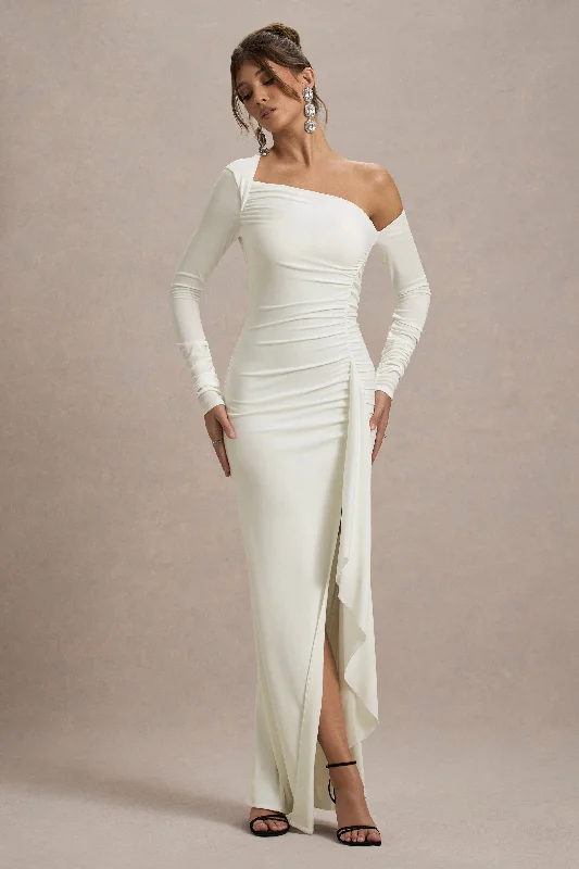 Nerina | Cream Asymmetric Long-Sleeve Split Maxi Dress