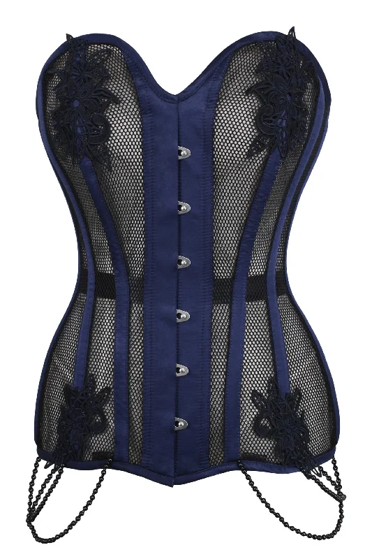 Navy Blue with Black Mesh and Lace Appliqué Waist Taming Overbust Corset