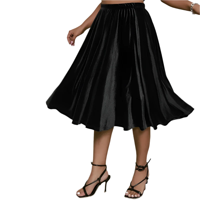 Women's Velvet 2-8XL Fashion Designer A-Line Midi Skirts (Plus Size)