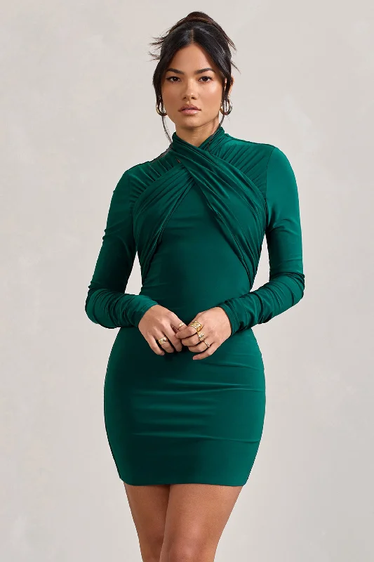 Eve | Bottle Green Crossed-Neck Long-Sleeved Bodycon Mini Dress