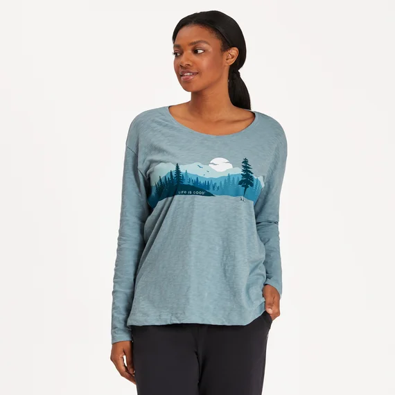 Women's Outdoor Mountain Landscape Relaxed Fit Long Sleeve Slub Tee