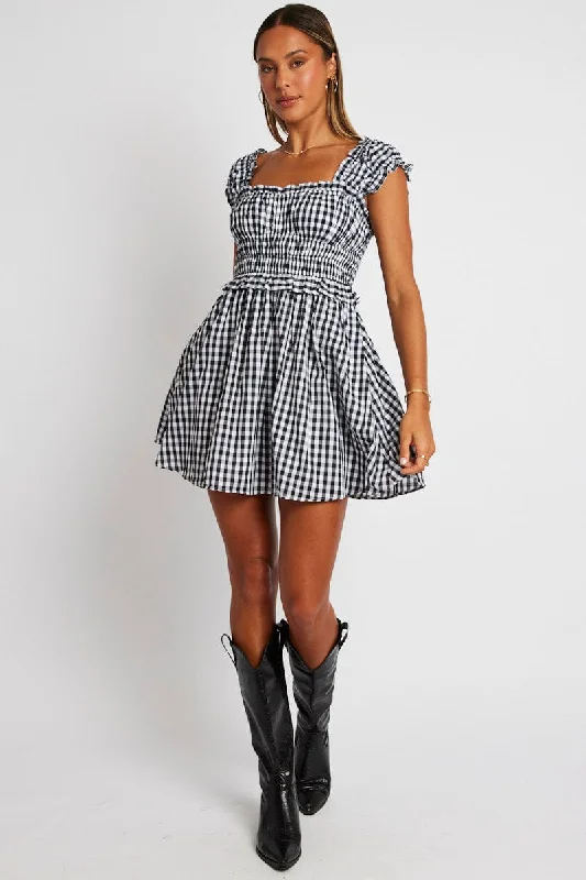 Black Check Fit And Flare Dress Sleeveless