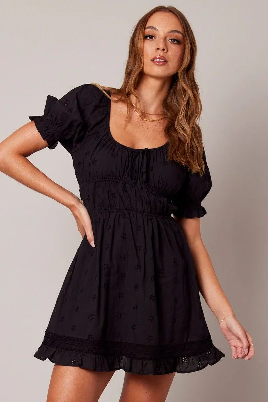 Black Fit And Flare Dress Puff Sleeve