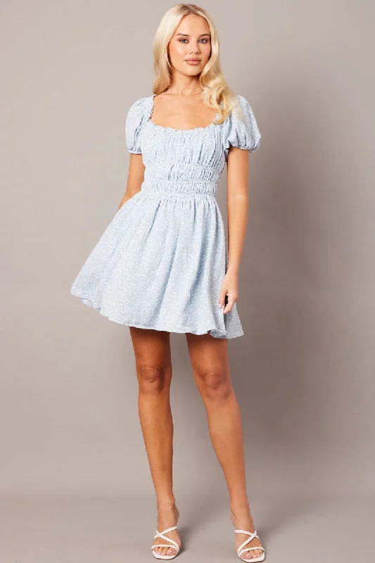 Blue Ditsy Fit And Flare Dress Puff Sleeve