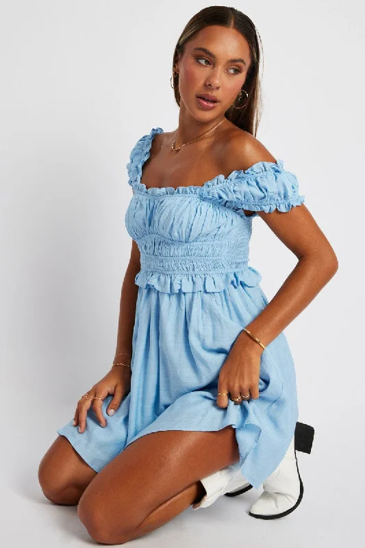 Blue Fit And Flare Dress Sleeveless