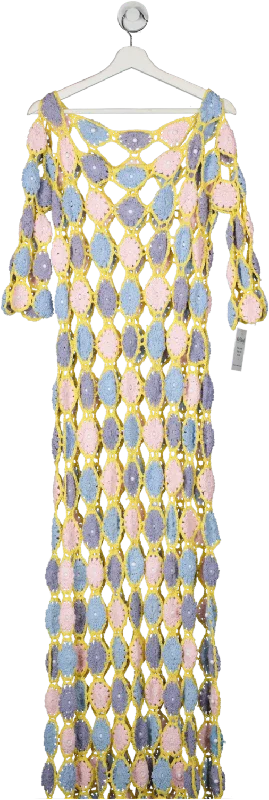 Celia B Yellow Long Patterned Pastel Crochet Dress With Split Sides UK L