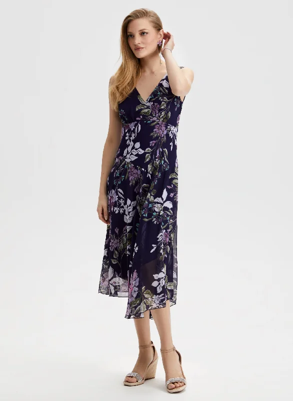 Floral Motif V-neck Chiffon Dress