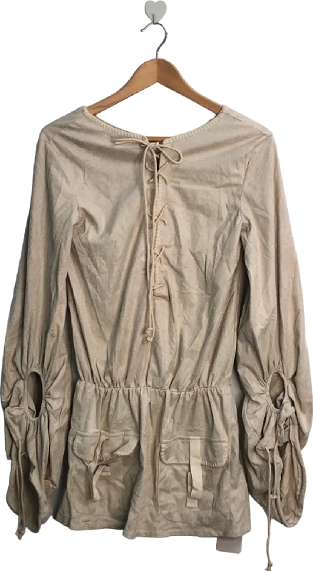 MusEra Beige Long Sleeve Lace-Up Blouse UK 12