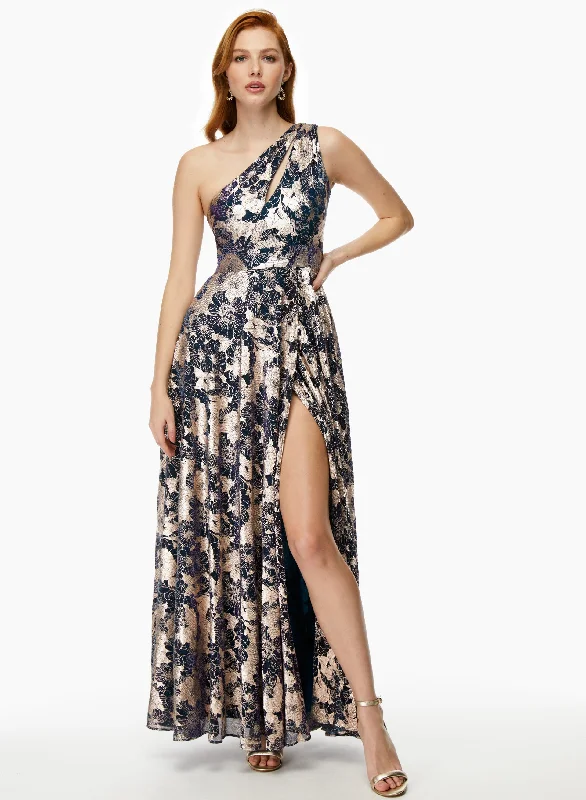 One Shoulder Metallic Plisse Dress