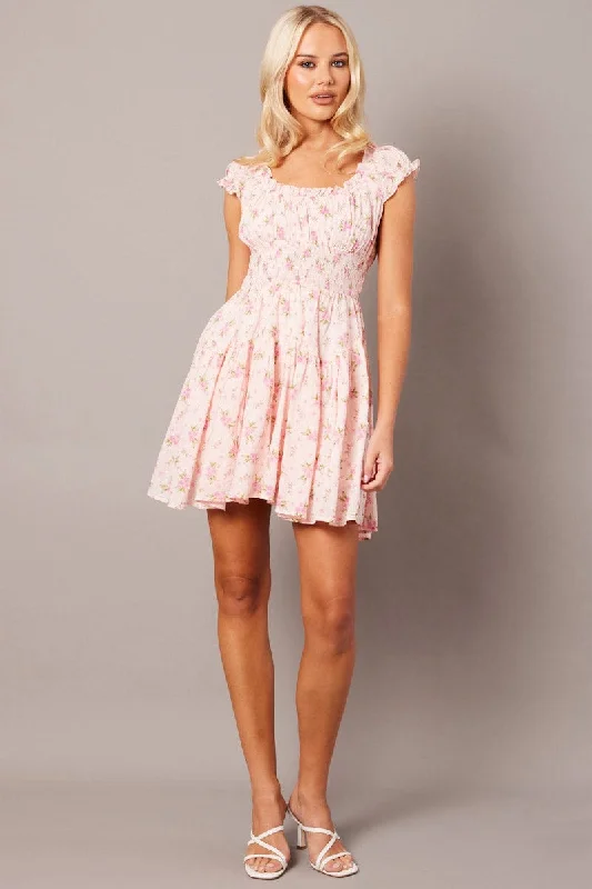 Pink Floral Fit And Flare Dress Puff Sleeve