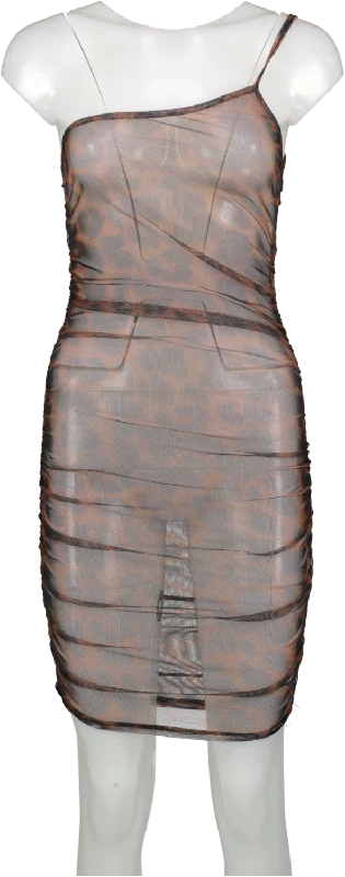 PrettyLittleThing Brown One Shoulder Mesh Leopard Print Dress UK 8