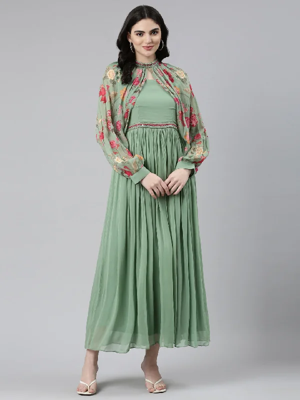 Neeru's Green Pleated Anarkali Embellished Kurta