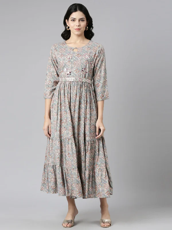 Neeru's Grey Pleated Anarkali Printed Kurtas