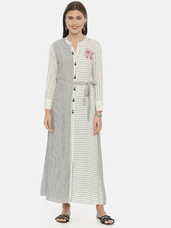 Neeru's White & Grey Striped A Line Kurta