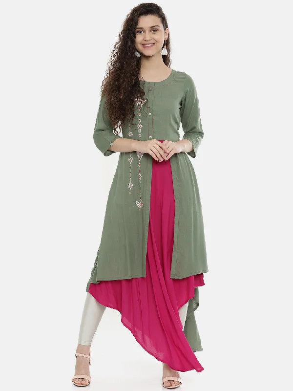 Neeru's Women Grey Pink Printed A-Line Asymmetric Layered Kurta