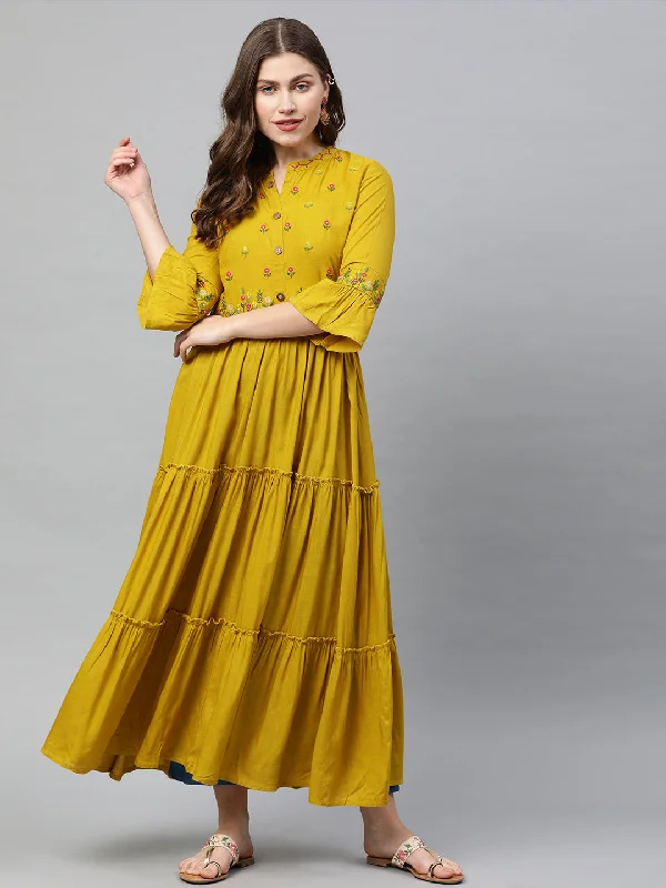 Neeru's Women Mustard Yellow Embroidered A-Line Tiered Kurta