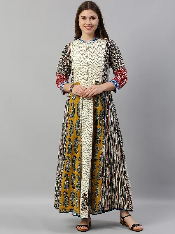 Neeru's Women Off-White Brown Printed A-Line Kurta