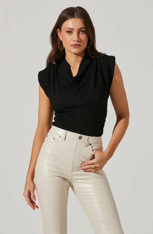 Pleated Cowl Neck Power Shoulder Tank