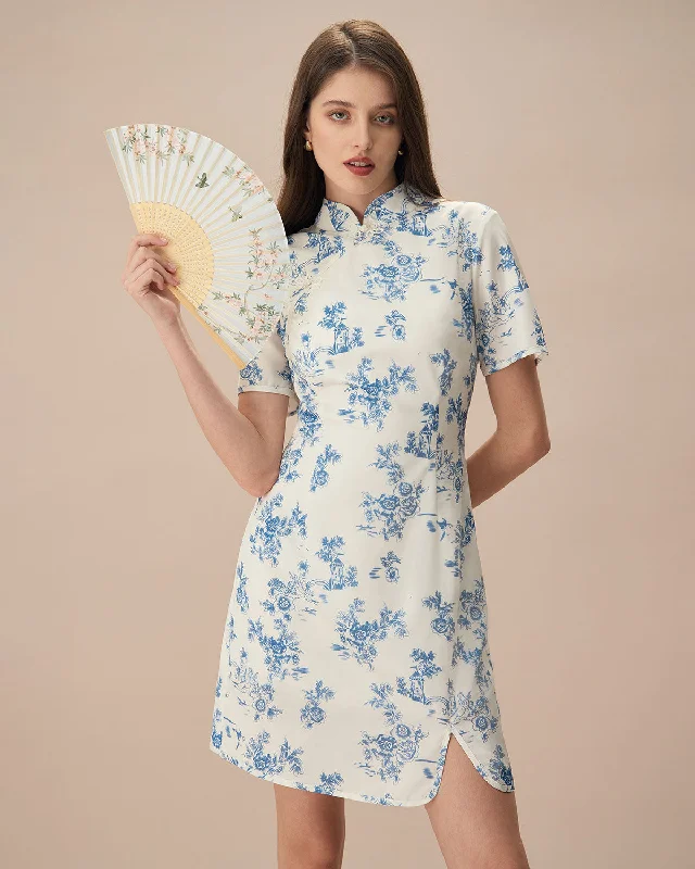 The Blue Mandarin Collar Floral Cheongsam