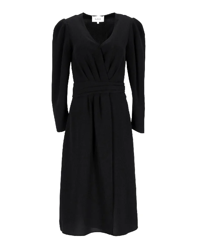 ba&sh Odile Puff-Sleeve Midi Dress in Black Polyester