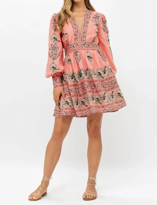 Bell Sleeve Tiered Midi Dress In Coral Udaipur