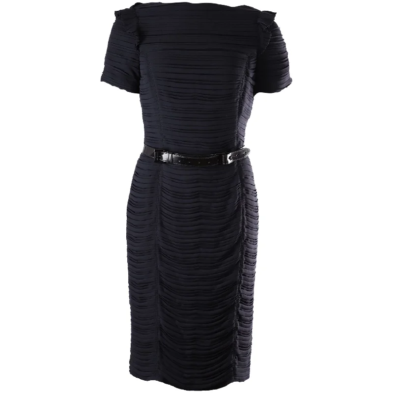 Burberry Pleated Midi Dress with Belt in Navy Blue Silk