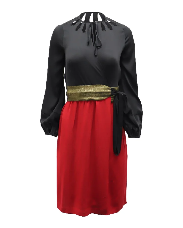 Diane von Furstenberg Color Block Midi Dress in Black and Red Silk