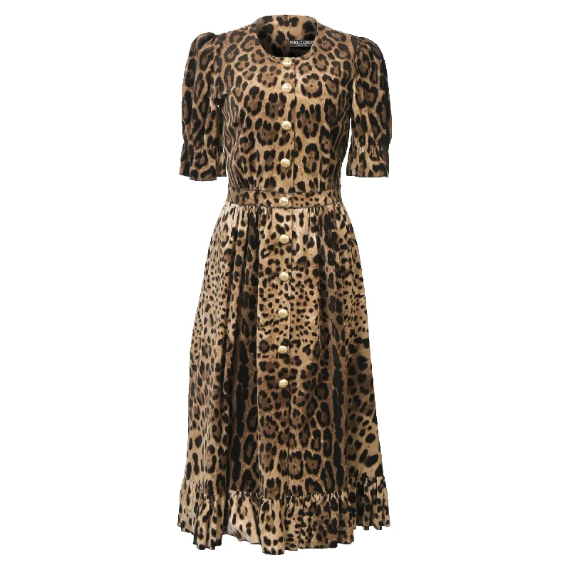 Dolce & Gabbana Ruffle-Trim A-Line Midi Dress in Animal Print Velvet