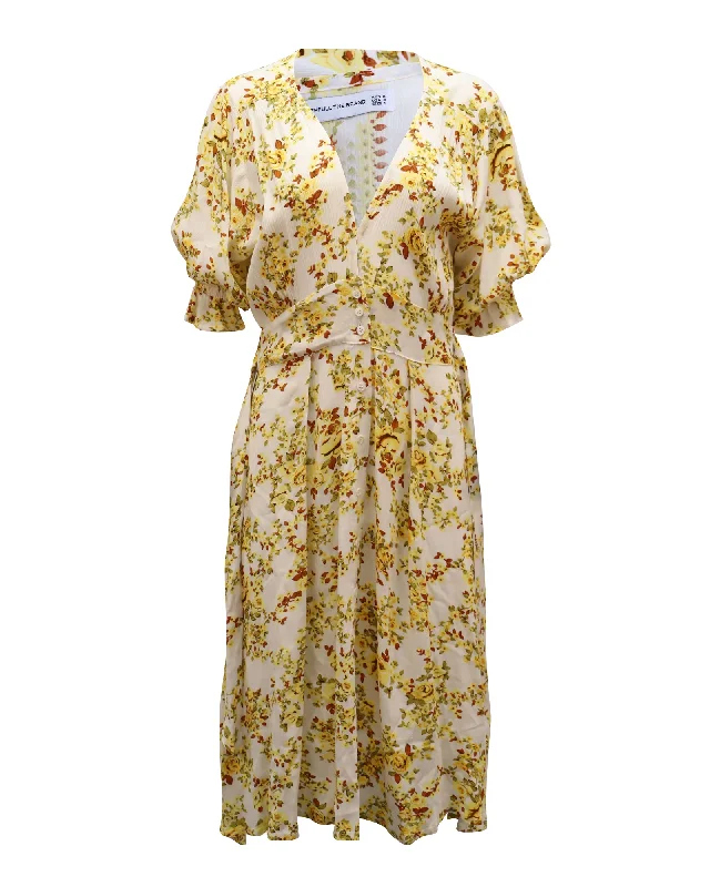 Faithfull The Brand Rafa Floral-Print Button-Front Puff Sleeve Midi Dress in White Rayon