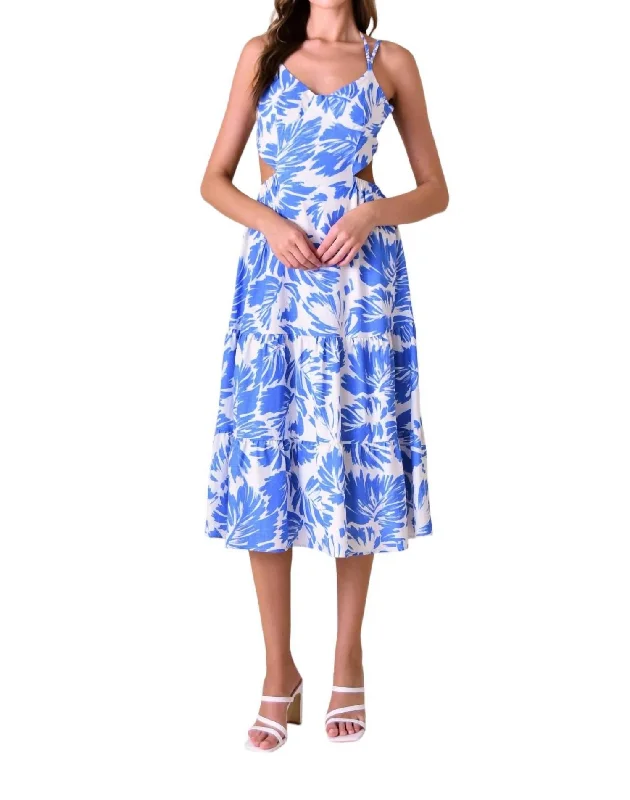 Floral Printed Cut-Out Midi Dress In Blue/white