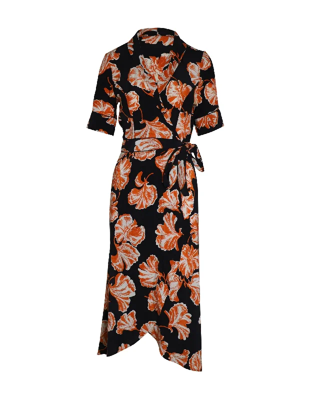 Ganni Midi Wrap Dress in Black and Orange Silk