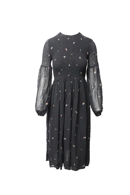 Ganni Smocked Floral-Print Georgette Midi Dress in Black Viscose