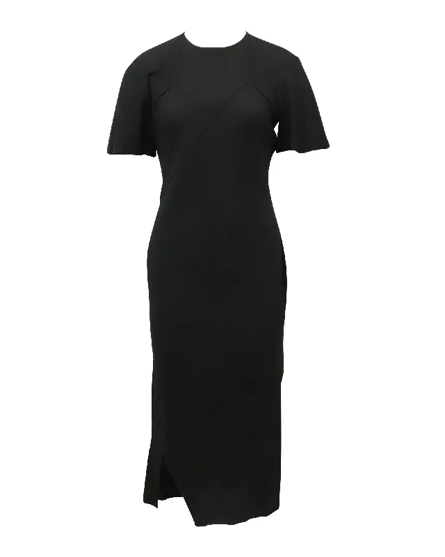 Jil Sander Short Sleeved Midi Dress with Diamond Panel in Black Acetate