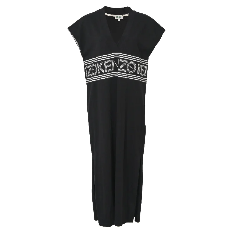 Kenzo V-neck Logo Midi Dress in Black Cotton