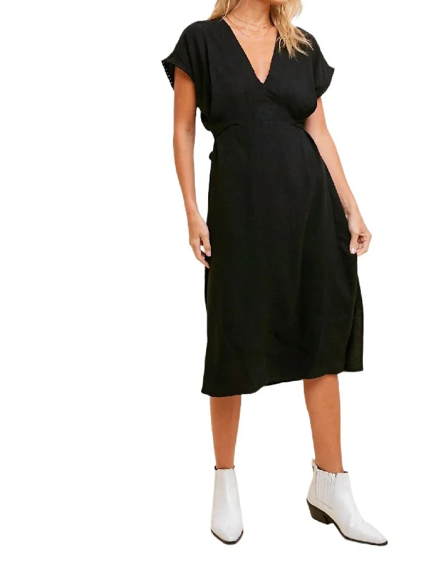 Linen V-Neck Wrap Midi Dress In Black