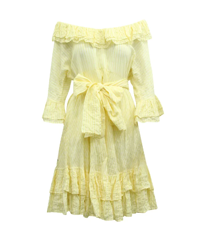 Lisa Marie Fernandez Striped Off Shoulder Midi Dress in Yellow Cotton