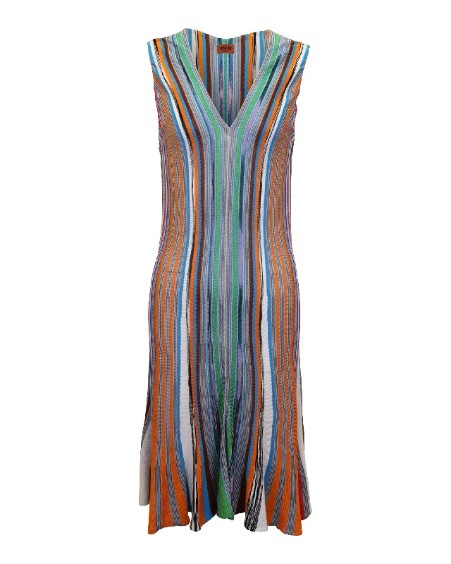 Missoni V-Neck Flared Midi Dress in Multicolor Rayon