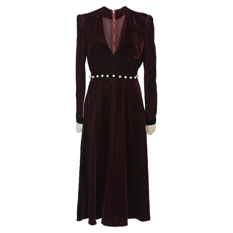 Philosophy di Lorenzo Serafini Deep V Neck Midi Dress in Burgundy Velvet