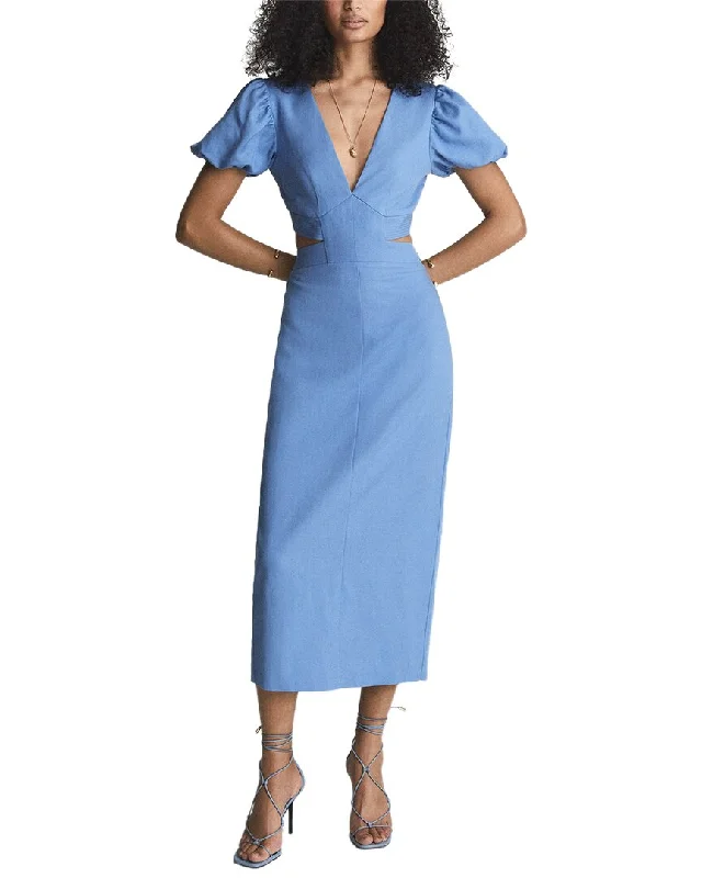 Reiss Jennah Puff Sleeve Cutout Back Linen-Blend Midi Dress