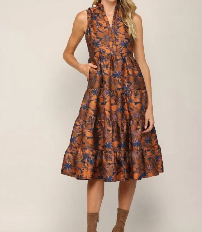 Ruffled Neck Midi Dress In Rust