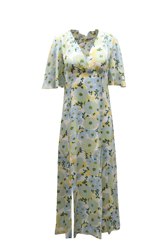 Sandro Paris Bell Sleeve V-neck Floral Midi Dress in Light Blue Silk Chiffon