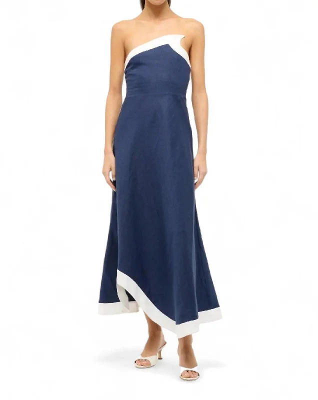 Sirani Strapless Midi Dress In Navy/white